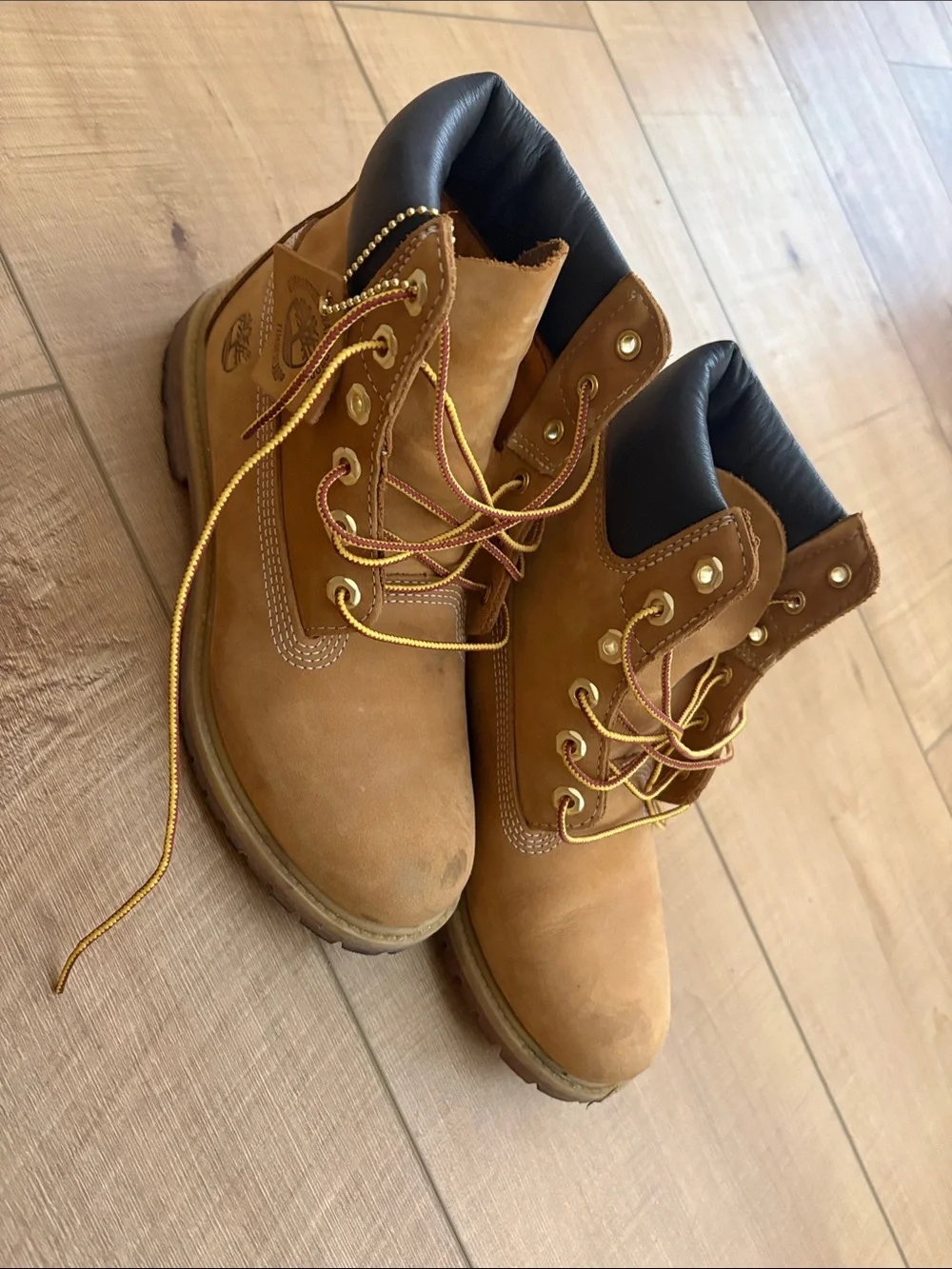 Timberland Wheat Boots with Black Collar and Yellow Laces